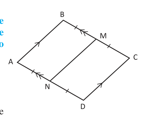 M is the midpoint of BC and N is the midpoint of AD; the tick marks show BM = MC and AN = ND.