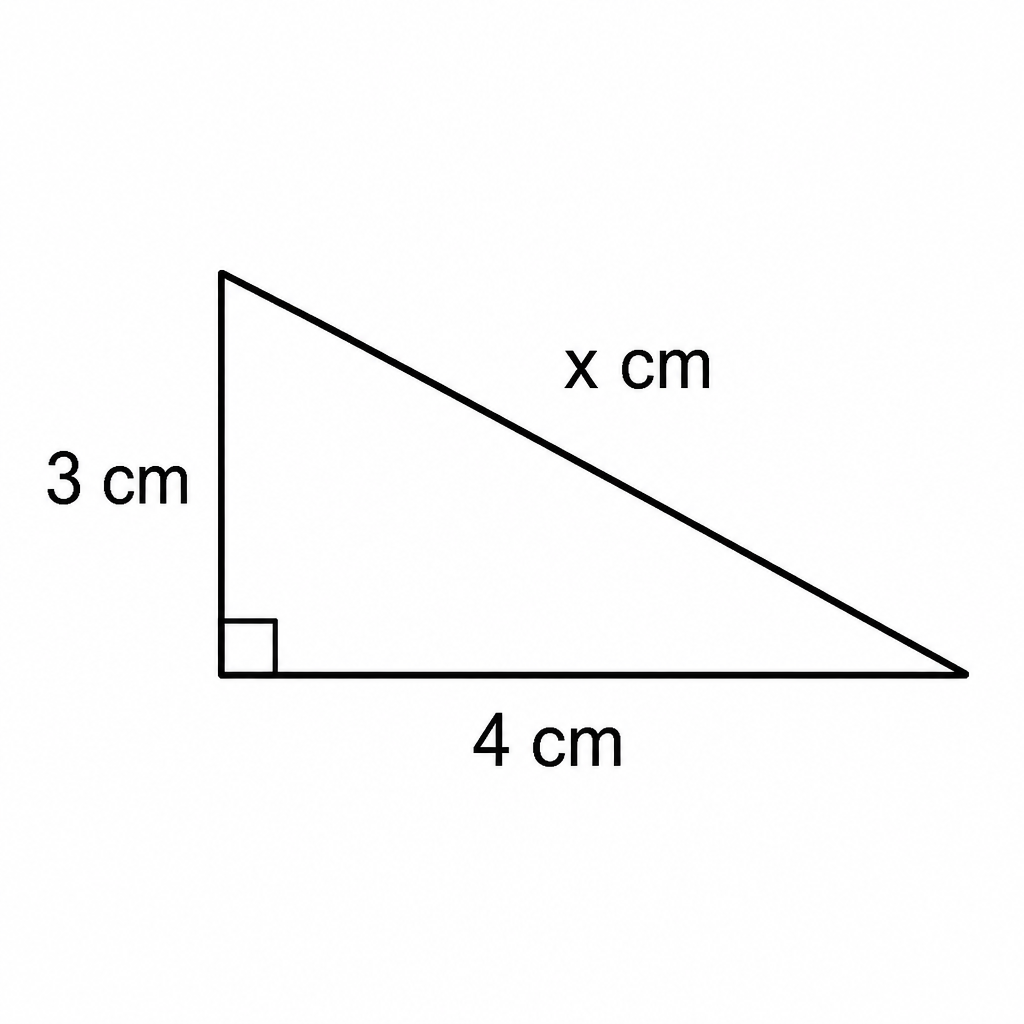 A triangle whose two shorter sides measure 3 cm and 4 cm, showing that the unknown side x lies opposite the right angle.