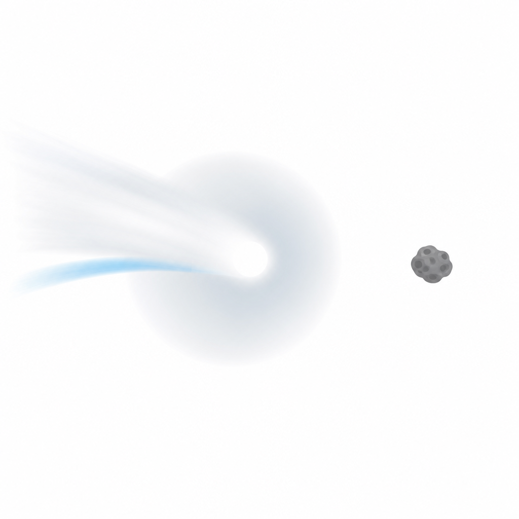 Near the Sun the comet is large with its coma and tails; far from the Sun it is a small shrunken body with neither.