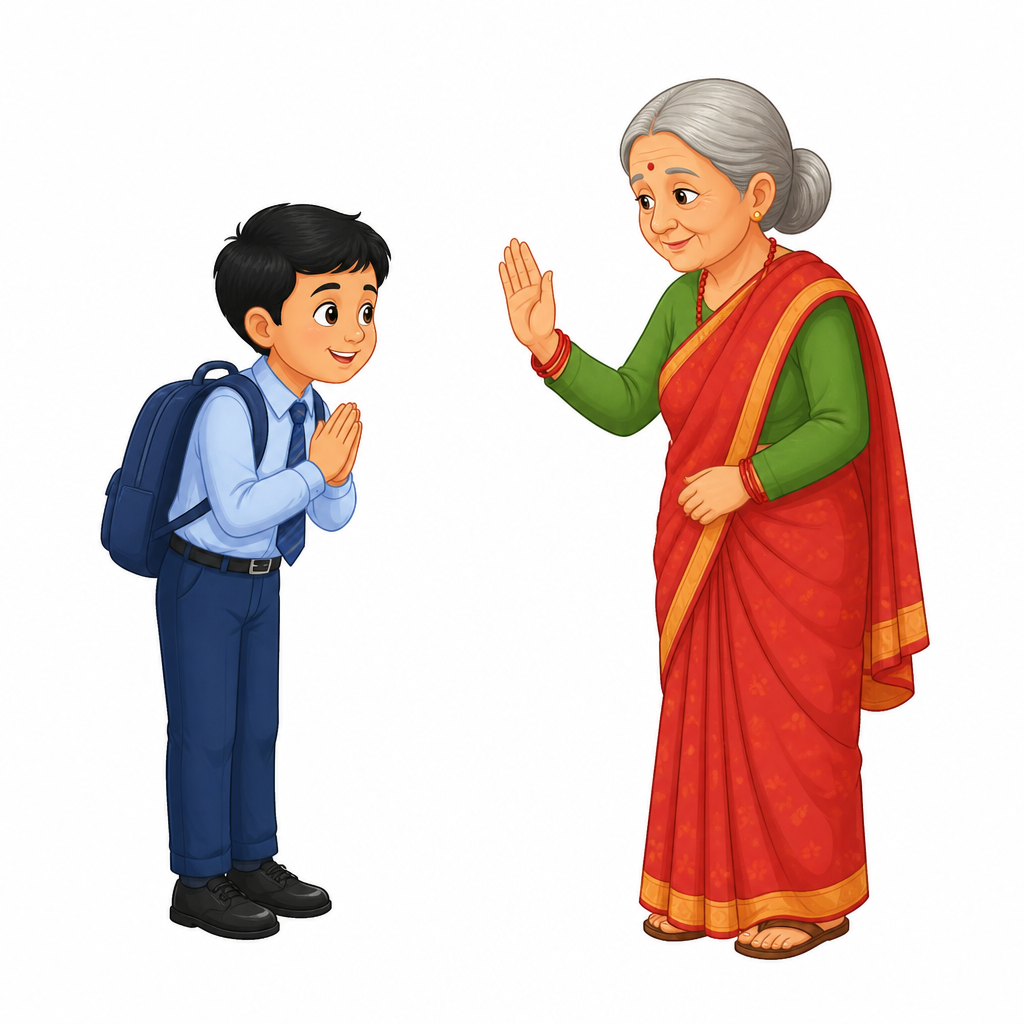 आफूभन्दा ठुला मान्यजनलाई हात जोडेर सम्मान गर्नु मर्यादित व्यवहारको पहिलो पाठ हो ।