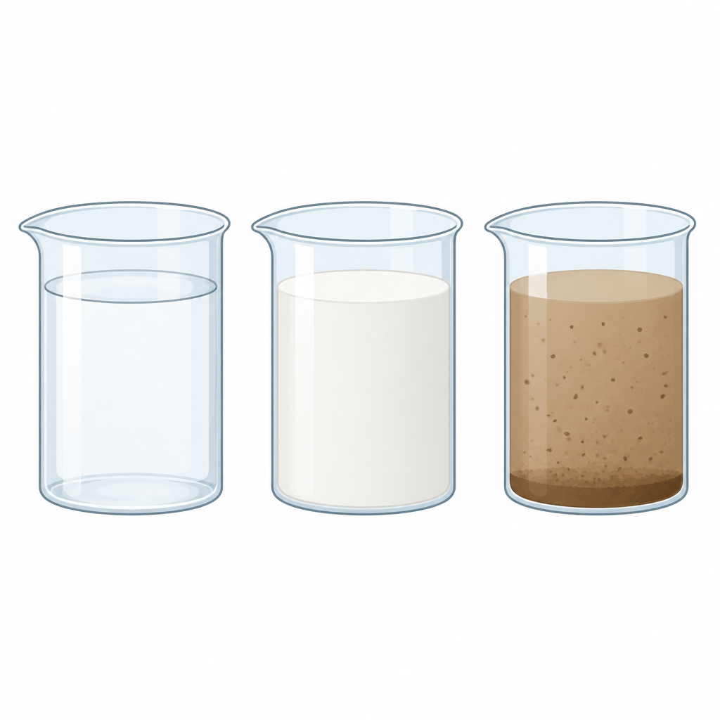 Salt water, milk and muddy water: the particles in these three mixtures are of very different sizes.
