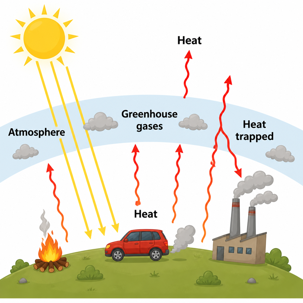 Sunlight passes through the atmosphere to warm the Earth, but gases from cars, factories and burning trap part of the heat so that it cannot escape into space.