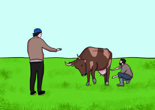Two brothers and one cow. A cow cannot really be divided into a front share and a hind share, and that trick is what the whole story turns on.