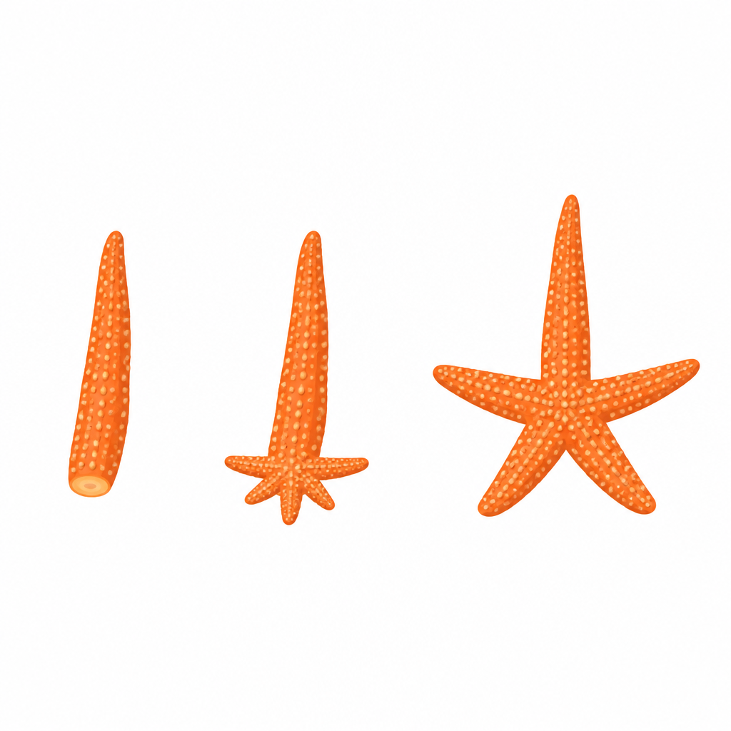 The rest of a starfish begins to grow back from a single arm that has broken away.