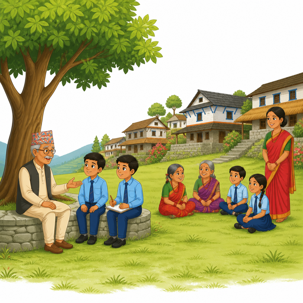 वृद्धाश्रमको चउरमा रुखको फेदमा बसेर विद्यार्थी र पाका मानिस अनुभव साटासाट गर्दै छन्। कथाको मुख्य कुराकानी यही ठाउँमा हुन्छ।