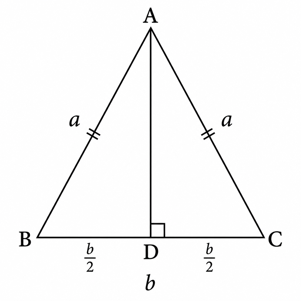 With equal sides a and base b, the perpendicular halves the base, and Pythagoras turns that half into the height.