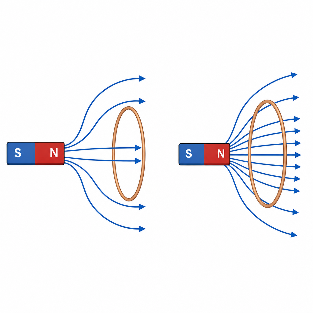 Few lines of force pass through the coil when the magnet is far away, and many pass through when it is close. Moving the magnet changes this number.