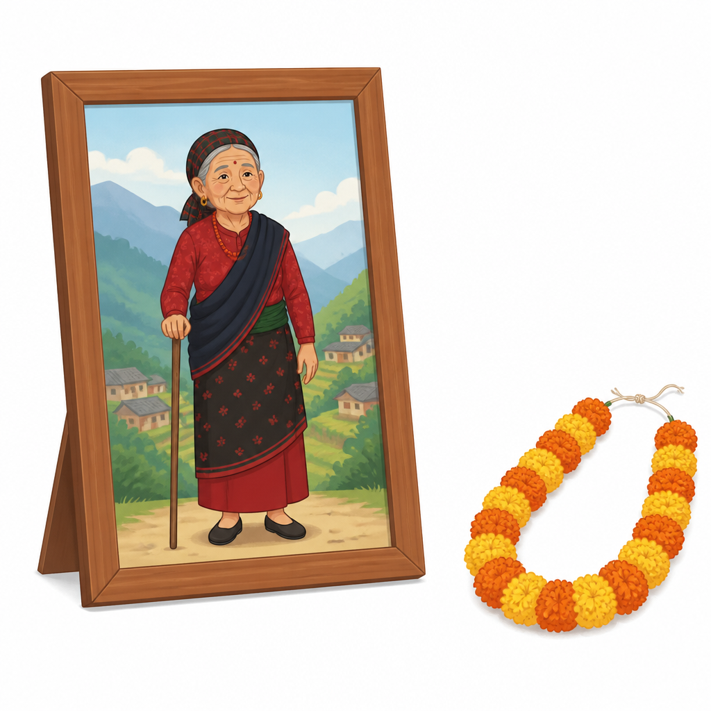 फ्रेममा हालिएको पूर्णकद तस्बिर र फूलको माला, विनोदले आफ्नै हातले तयार पारेको उपहार यही हो ।