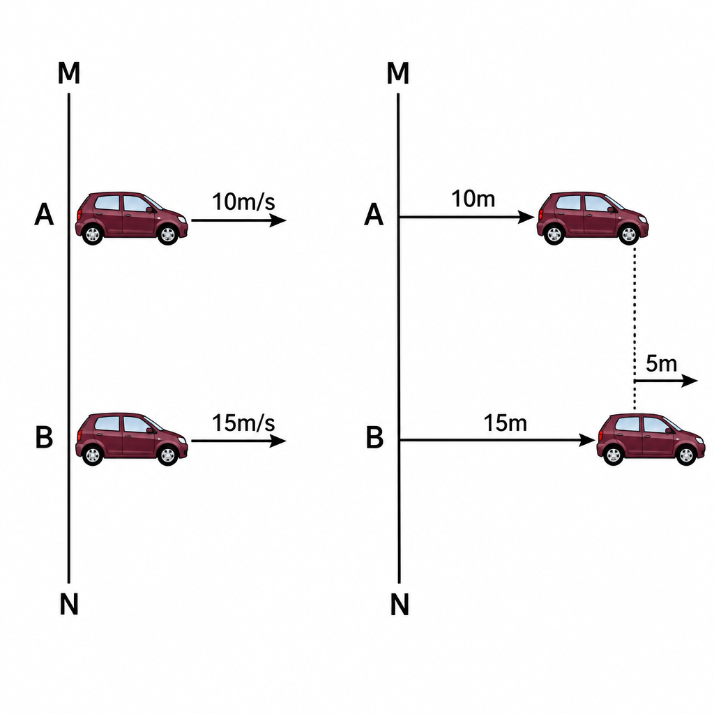 In one second A covers 10 m and B covers 15 m, so the gap between them becomes 5 m. That 5 m is the distance B appears to move when it is watched from A.