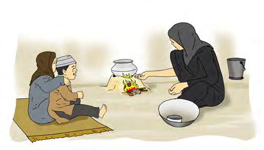 The pot on the fire holds only water and stones: the mother is pretending to cook so her hungry children will wait and sleep.