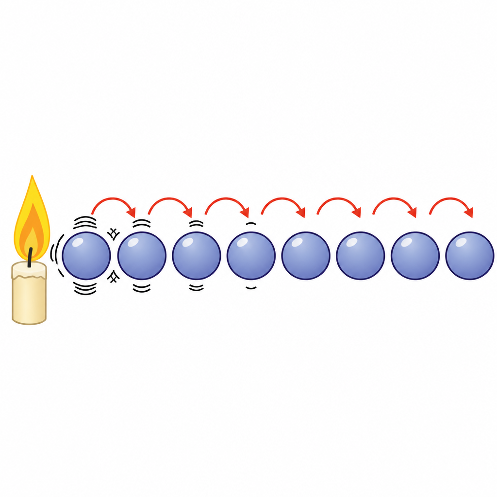 Each molecule vibrates on the spot and hands heat to its neighbour, while no molecule itself moves along the bar.