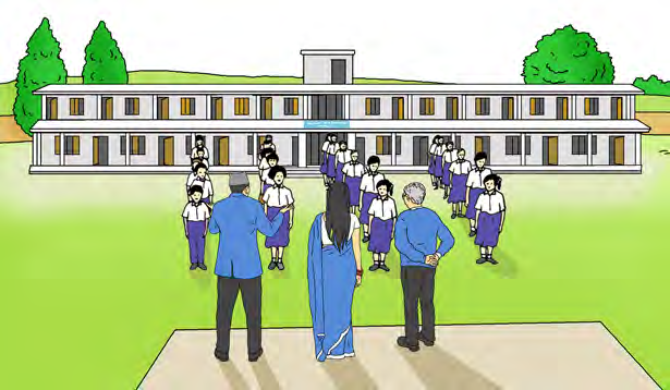 The head teacher speaking to students standing in lines at the morning assembly. This is where school announcements are made.