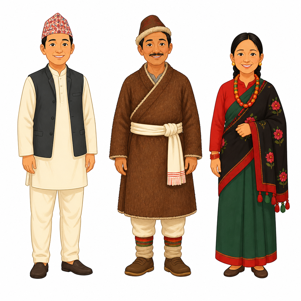 बायाँबाट दौरा सुरुवाल, बख्खु र घलेक सारी: कवितामा नाम लिइएका यी पहिरन देखेपछि मात्र चौथो श्लोकको अर्थ खुल्छ।