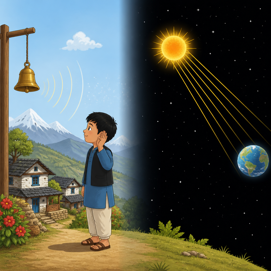 Sound needs air between the bell and the ear, but the Sun's light crosses completely empty space and still reaches the Earth.