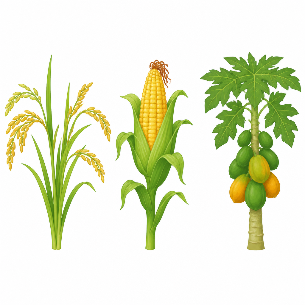 Rice, maize and papaya, three green plants that build their own food.