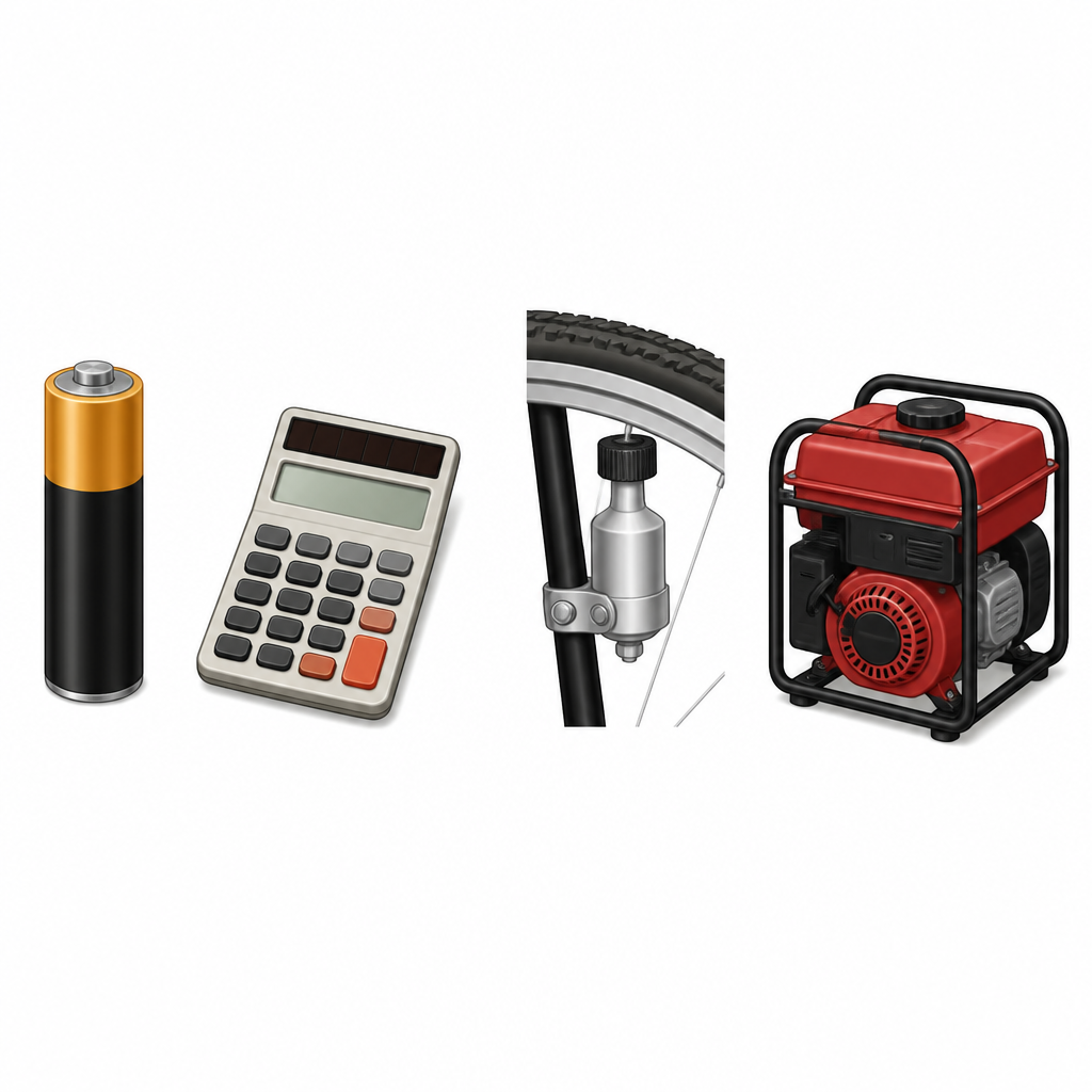 The four devices that produce electricity, shown so they can be told apart: the dry cell, the photo cell, the dynamo and the generator.