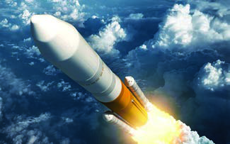 A rocket climbing through the clouds. Rockets are the only vehicles powerful enough to escape the pull of the Earth.