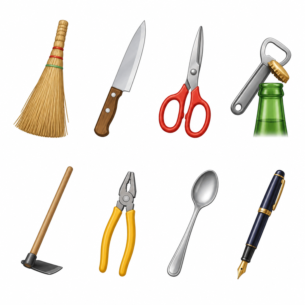 Decide which of these eight objects are levers, and of which class.