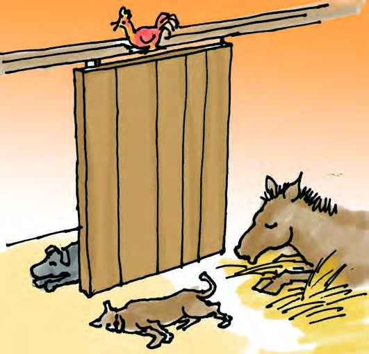 Each friend takes a sleeping place: the cock on the beam over the door, the dog behind the door, and the donkey on the straw.