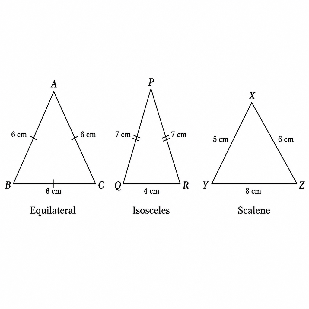 The tick marks on the sides show how many sides of each triangle are equal.