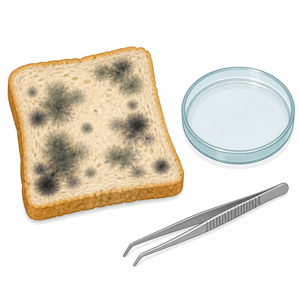 Fungus on bread kept damp for a few days: this is all the naked eye shows before the microscope is used.
