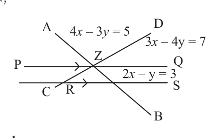The two given lines cross at Z. The required line PQ is drawn through Z, parallel to the line RS, \( 2x - y = 3 \).