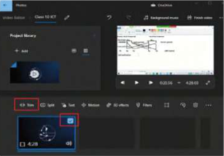 The clip placed in the editing panel and selected, with the Trim tool boxed.