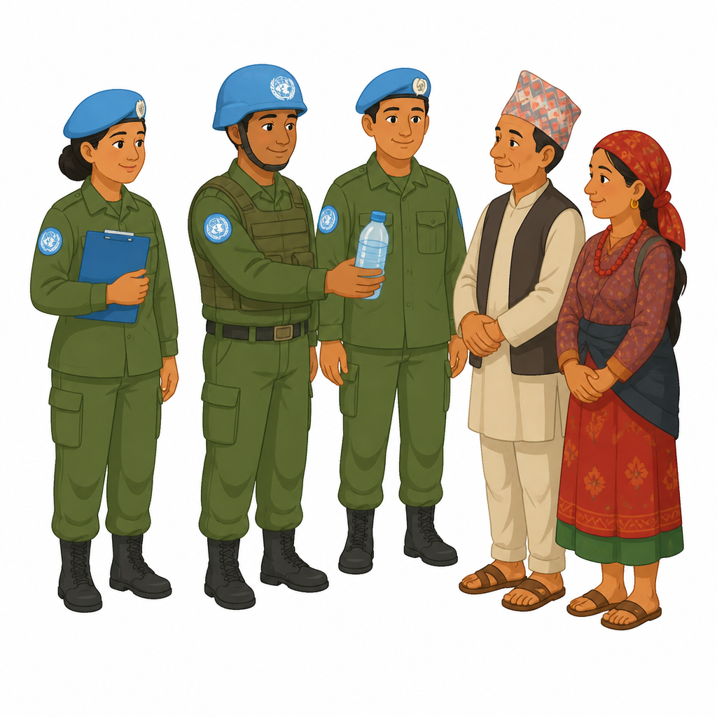शान्ति सेनामा खटिएका नेपाली सुरक्षाकर्मी, जसमार्फत नेपालले अरू देशमा शान्ति कायम गर्न योगदान गर्दै आएको छ।