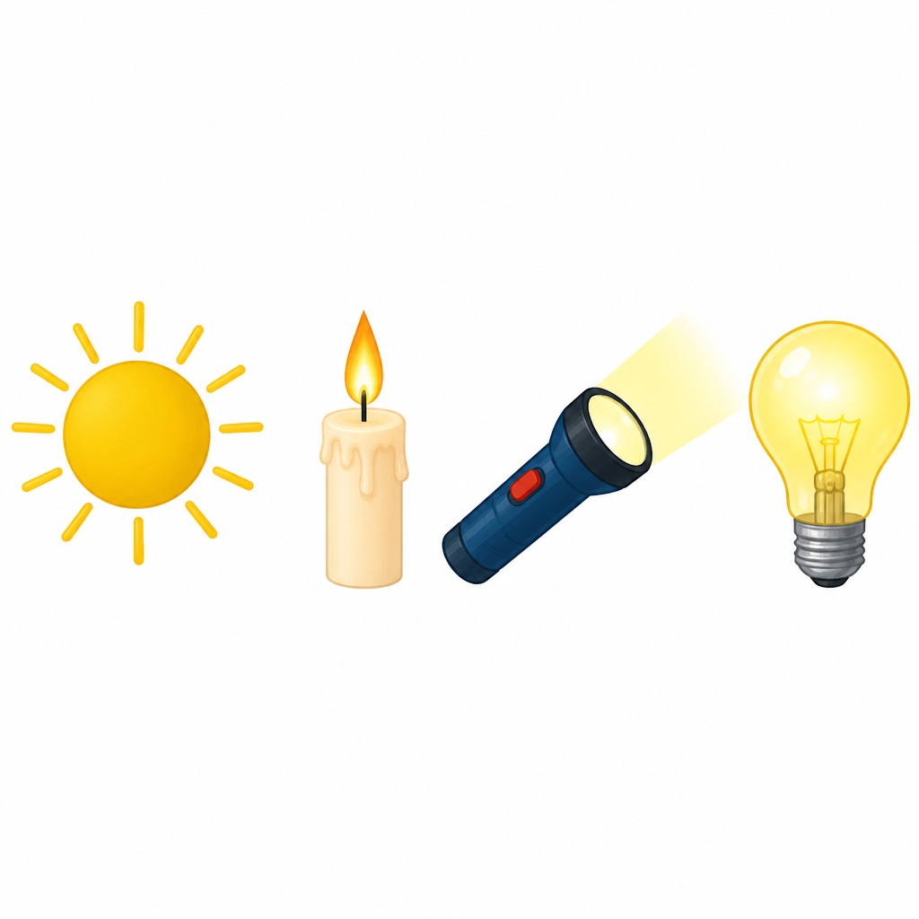 The sun, a candle, a torch and a bulb all produce light themselves, so each of them is a source of light.