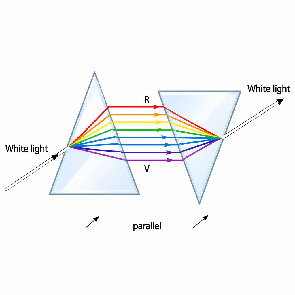 The seven colours separated by the first prism are recombined into white light by the second prism placed upside down.