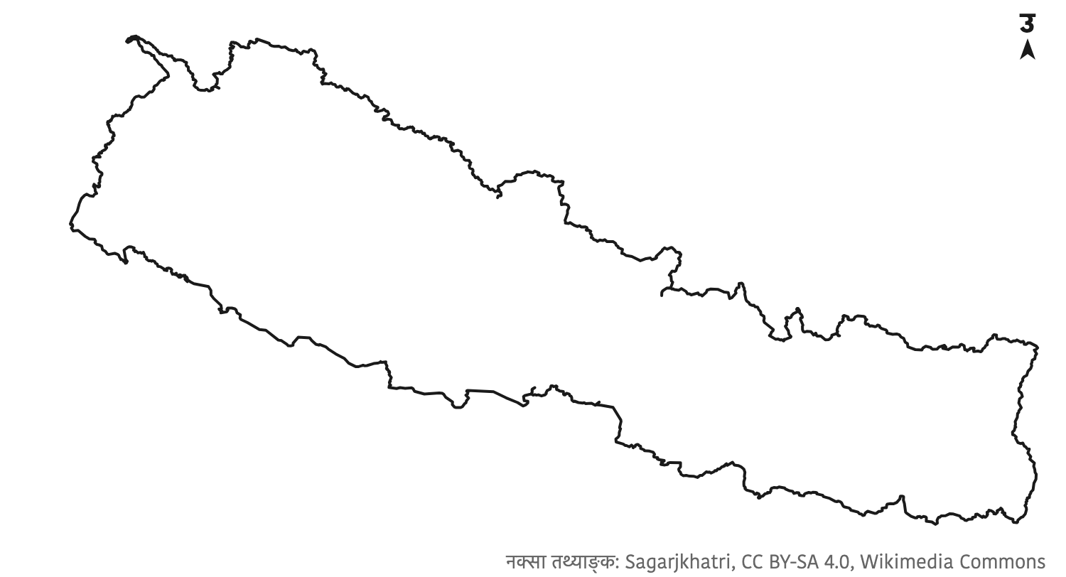 जालीका रेखा मेटिएपछिको सफा नेपालको नक्सा, दायाँ माथि उत्तर दिशाको सङ्केत।