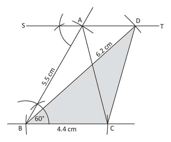 Triangles ABC and DBC stand on the same base BC and between the parallels ST and BC, so their areas are equal.