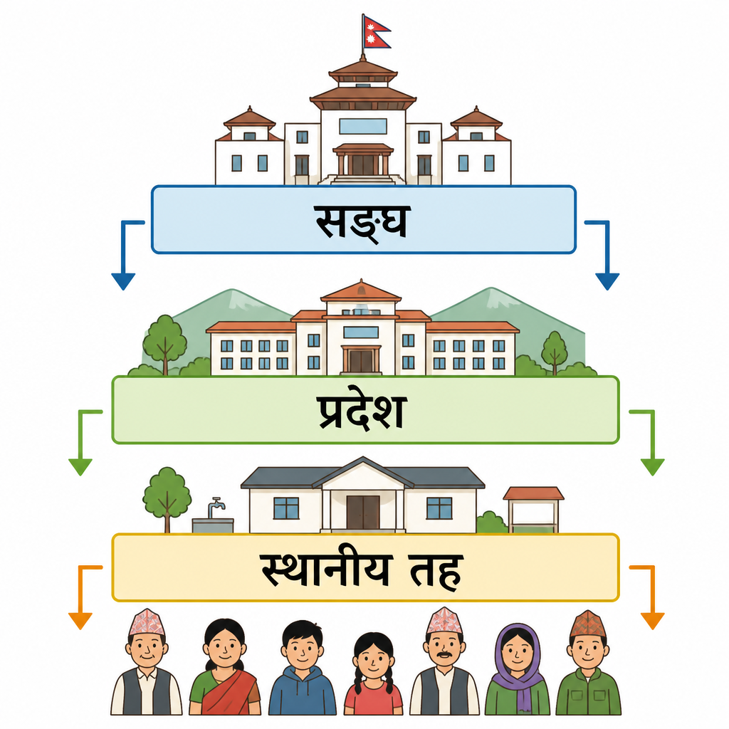 नेपालमा शक्ति, अधिकार र स्रोत सङ्घ, प्रदेश र स्थानीय तहमा कसरी बाँडिएको छ भन्ने देखाउने चित्र।