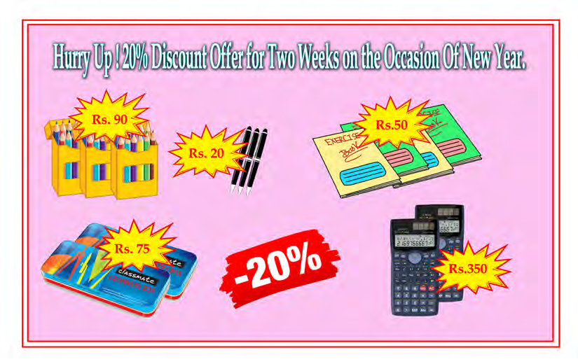 A shop poster offering a 20 percent discount on stationery for two weeks on the occasion of New Year.