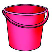 A red plastic bucket, used for carrying water.
