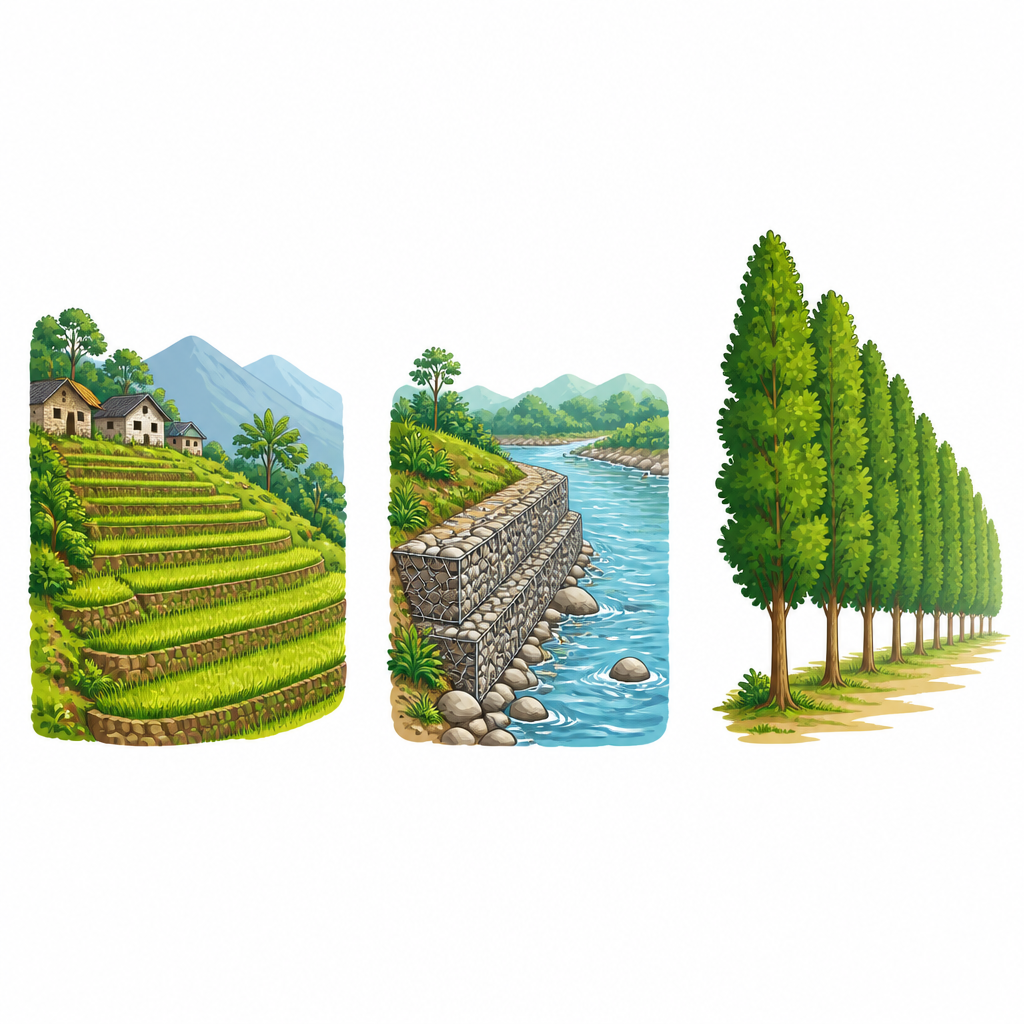 Three ways of saving soil: terraces on a slope, an embankment along a river bank, and trees planted on a bare hill