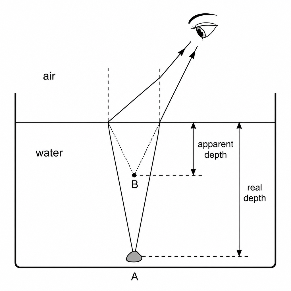 Real depth and apparent depth: the stone at A is seen at B, so the water looks shallower than it is.