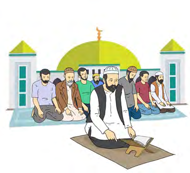 Muslim men reciting Namaj together in front of the mosque on the day of Eid.
