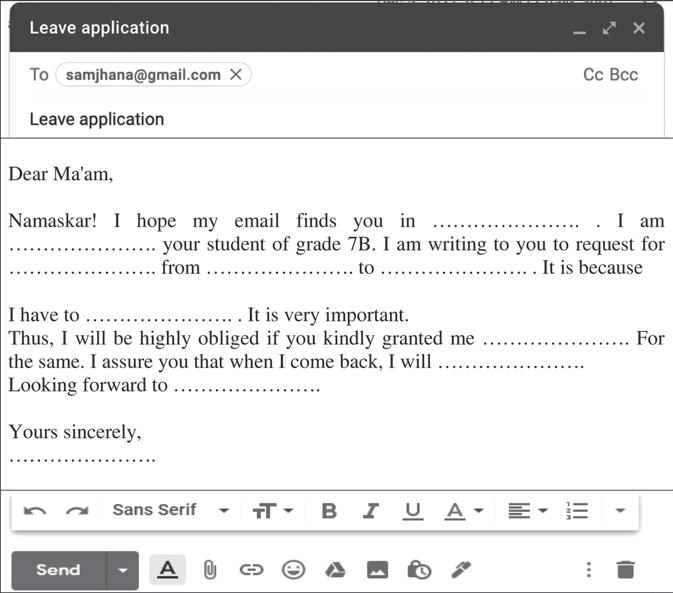 A leave application email laid out in an email window, with a clear subject line, a greeting, a body that states the request and the dates, a polite closing and the sender's name.