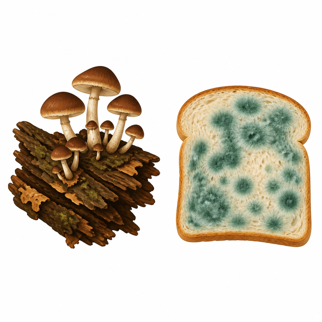 Neither the mushroom nor the mould has chlorophyll, so both must soak their food from dead matter.