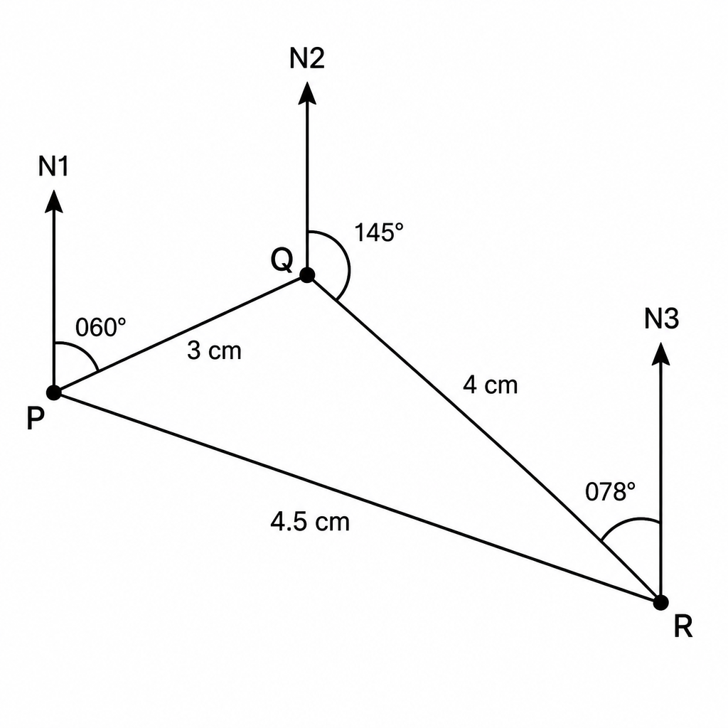 Once both flights are drawn to scale, the line joining P back to R gives the real distance and the return bearing at the same time.