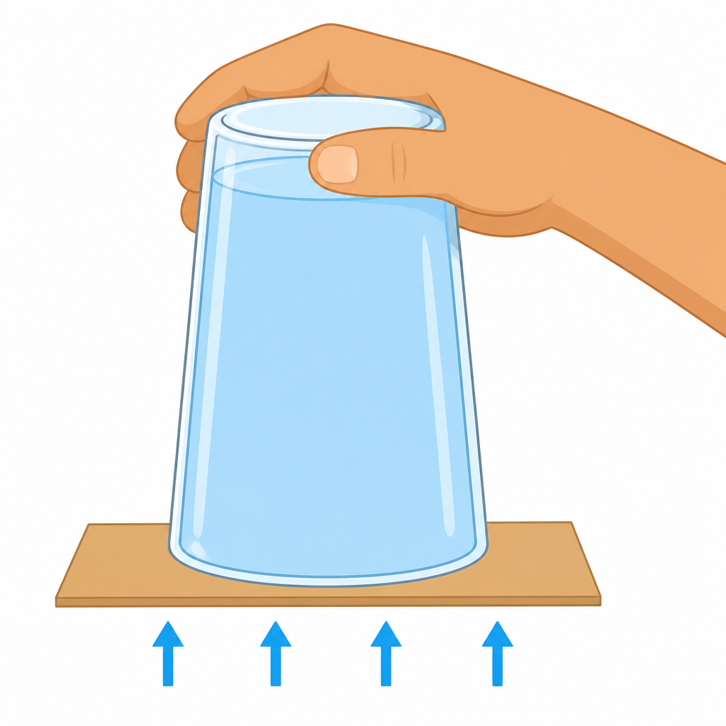 Even after the hand is taken away, the card does not fall and the water stays in the glass.