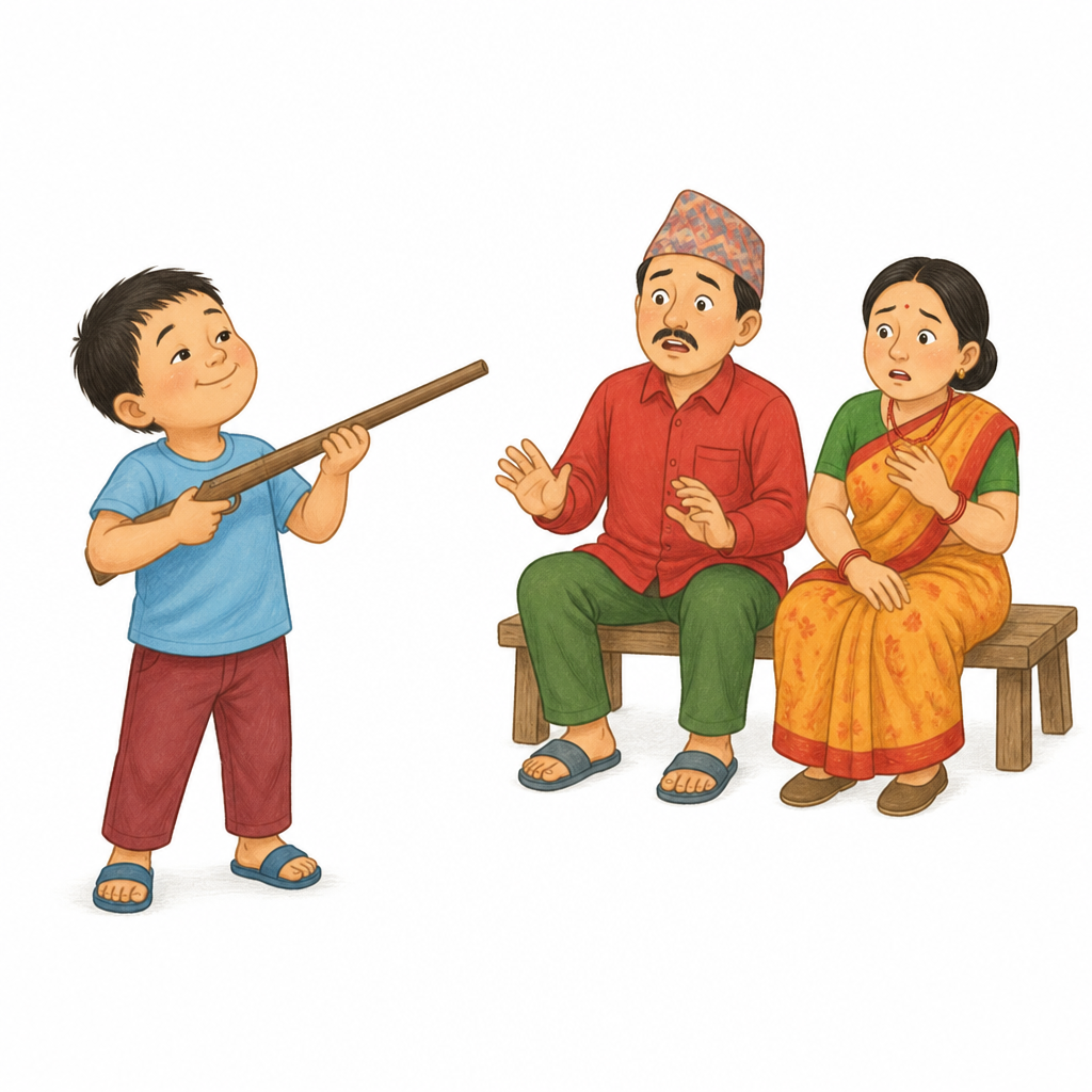 काठको लामो टुक्रालाई बन्दुक भन्दै देखाउँदै गरेको नरेश । बालकले सुनेको कुरालाई कति छिटो खेलमा उतार्छ भन्ने यही दृश्यले देखाउँछ ।
