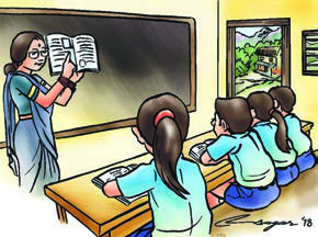 A classroom of the past: the teacher reads from one book while students share wooden benches.