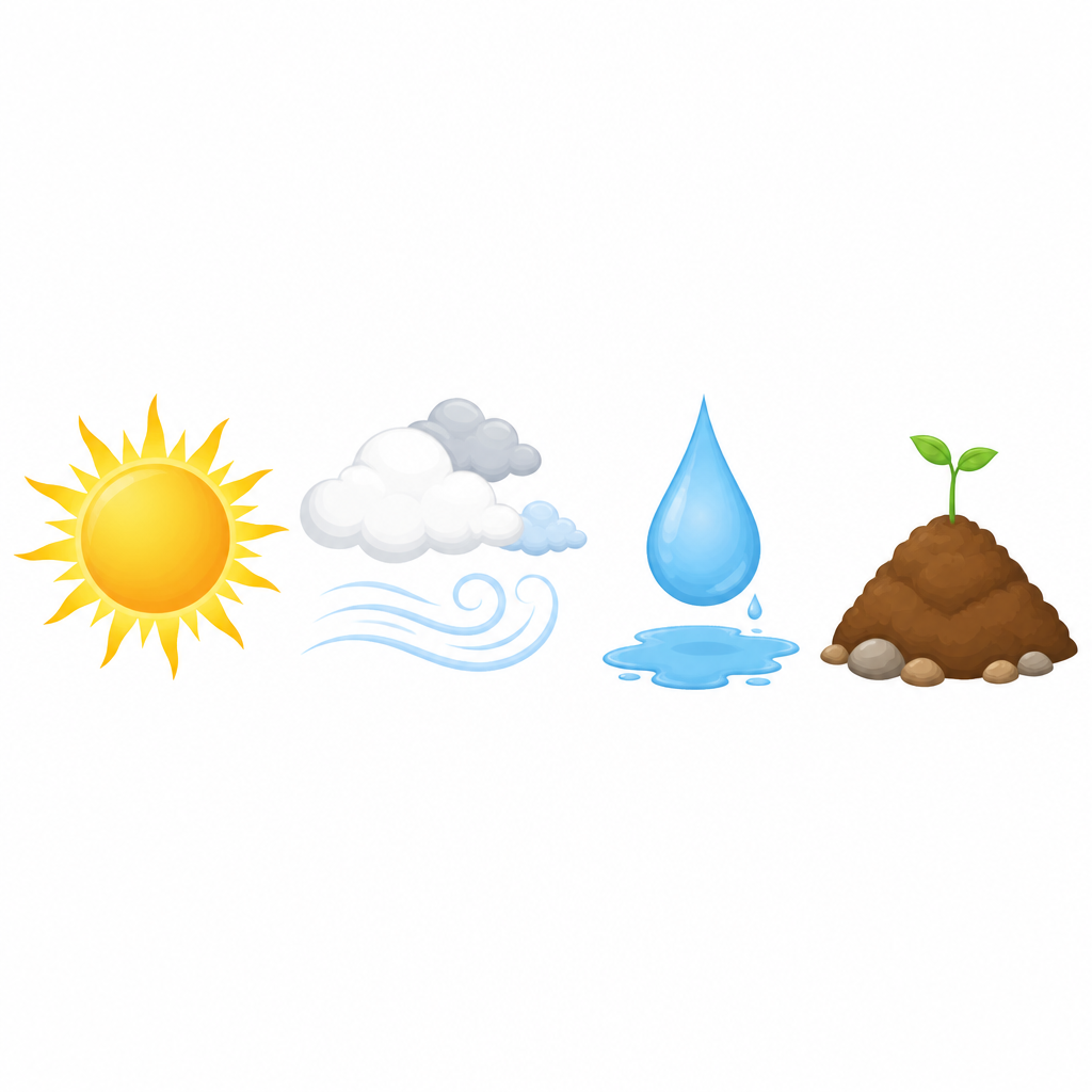 Four main abiotic components of an ecosystem: the sun, the air, water and soil.