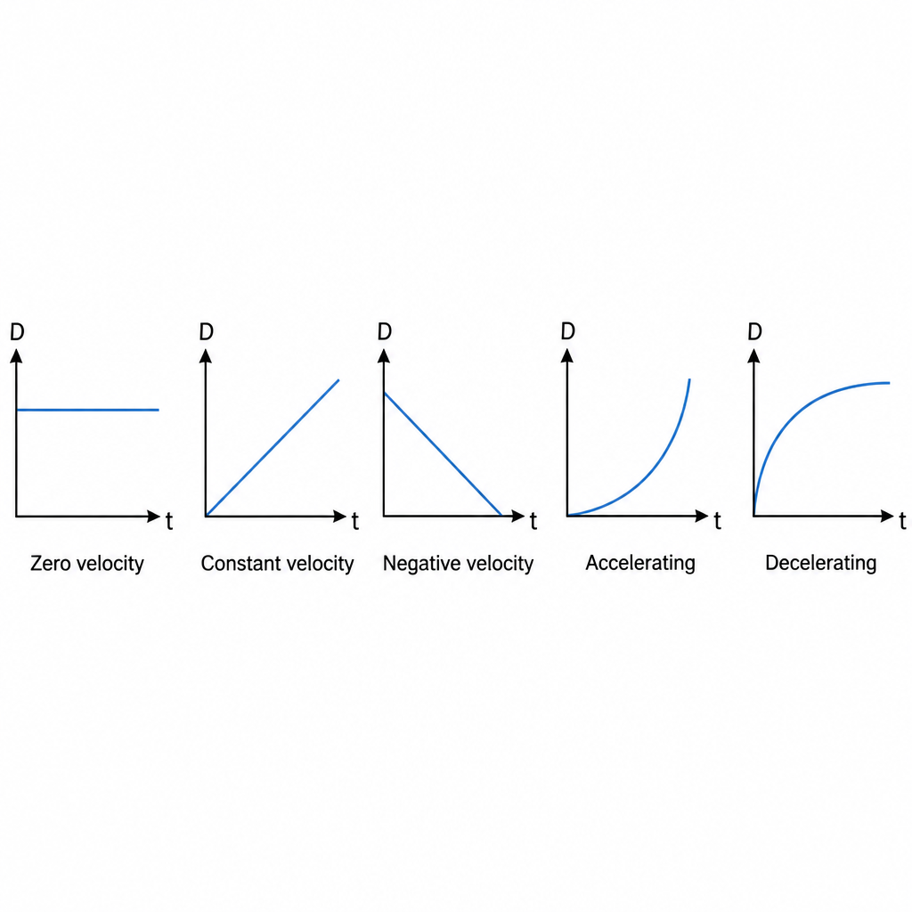 Recognising motion from the shape of the line: a horizontal line means rest, a rising straight line means constant velocity, a falling straight line means motion back toward the start, a curve growing steeper means speeding up, and a curve flattening out means slowing down.
