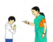A boy folds his hands and says sorry to his mother after making a mistake at home.