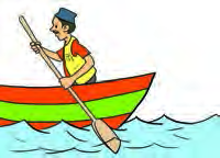 Rowing a boat: the oar pushes the water backward and the water pushes the boat forward.