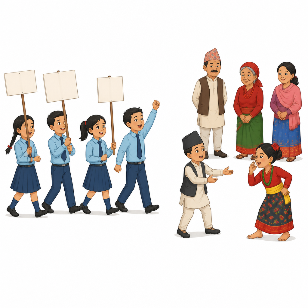 प्रभातफेरी र सडक नाटक जस्ता कार्यक्रमले समुदायमा जनचेतना कसरी फैलाउँछन् भन्ने यहाँ देखिन्छ ।