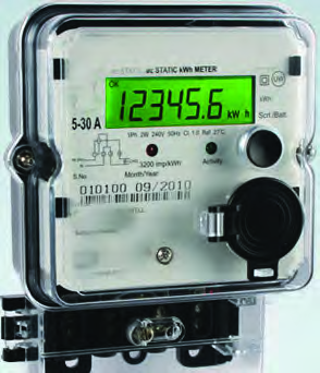 An electricity meter: the number on its display is the total consumption in kWh.